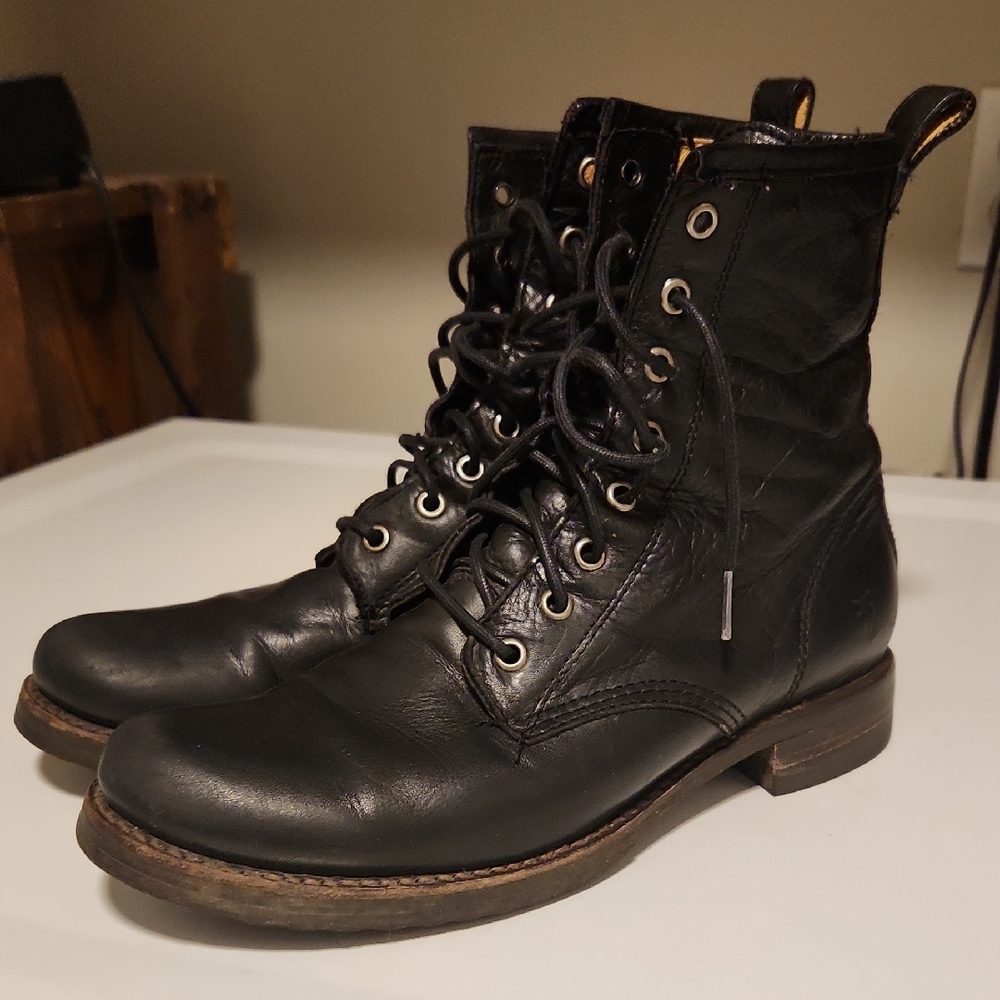 Frye Veronica Black Leather Combat Boots